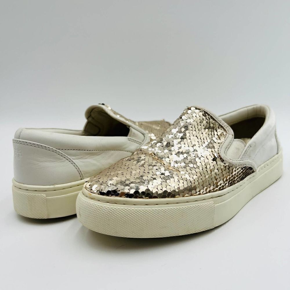 Tory Burch Carter Reversible Sequin Calf Leather Silver White Sneaker Size 7
